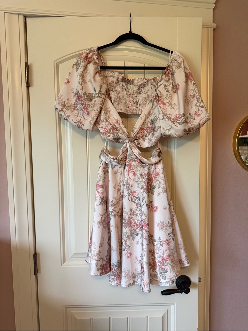 Altar'd State Floral Tie-Front Mini Dress in Cream and Pink